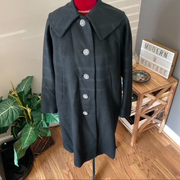 Vintage 50s FORSTMANN Wool Coat Long Black size M - Picture 2 of 11